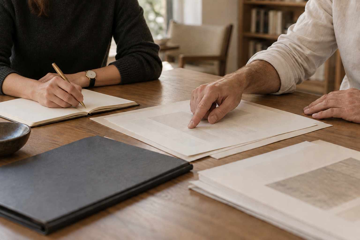 Two people reviewing service agreement documents at a table.