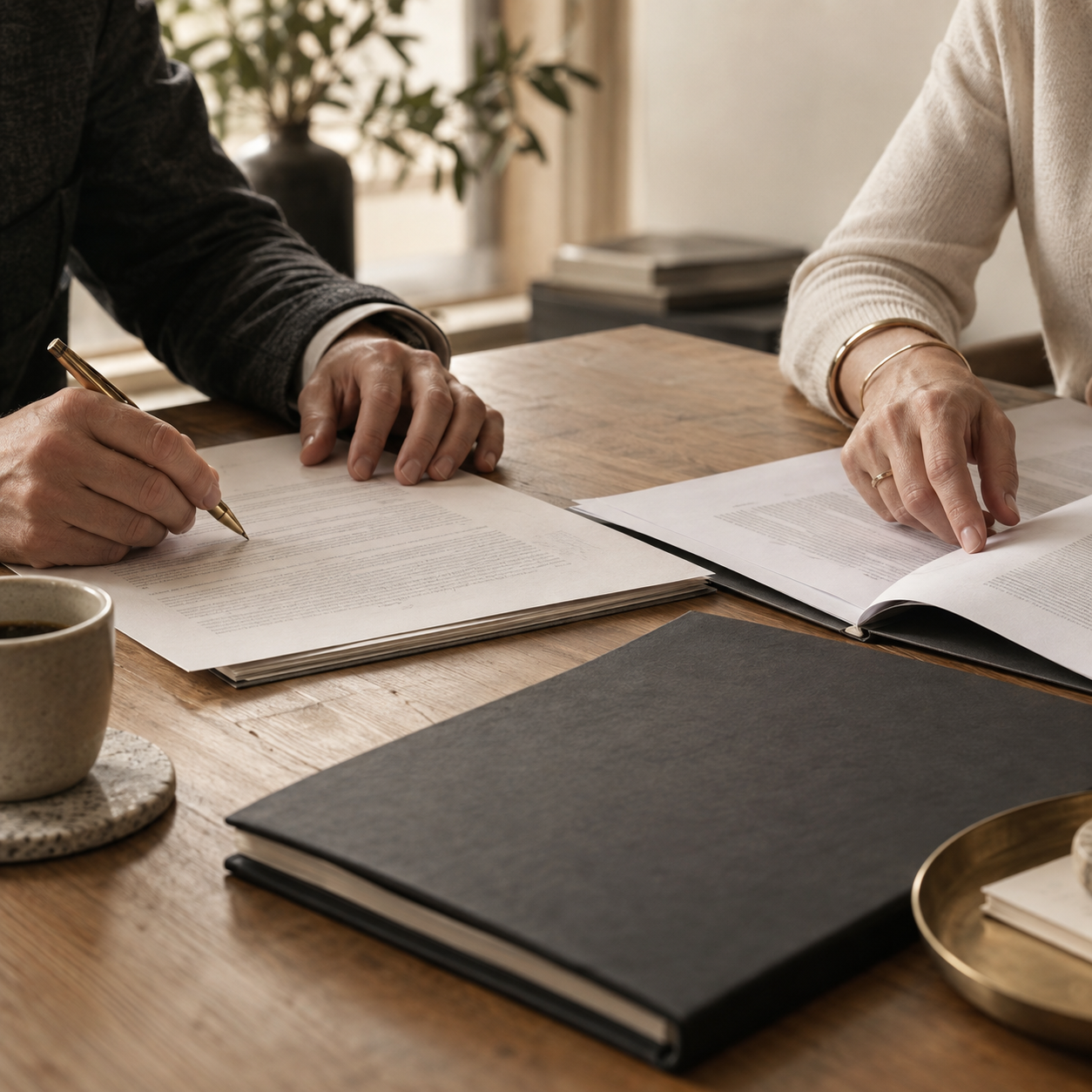 Two people reviewing documents together at a timber table.