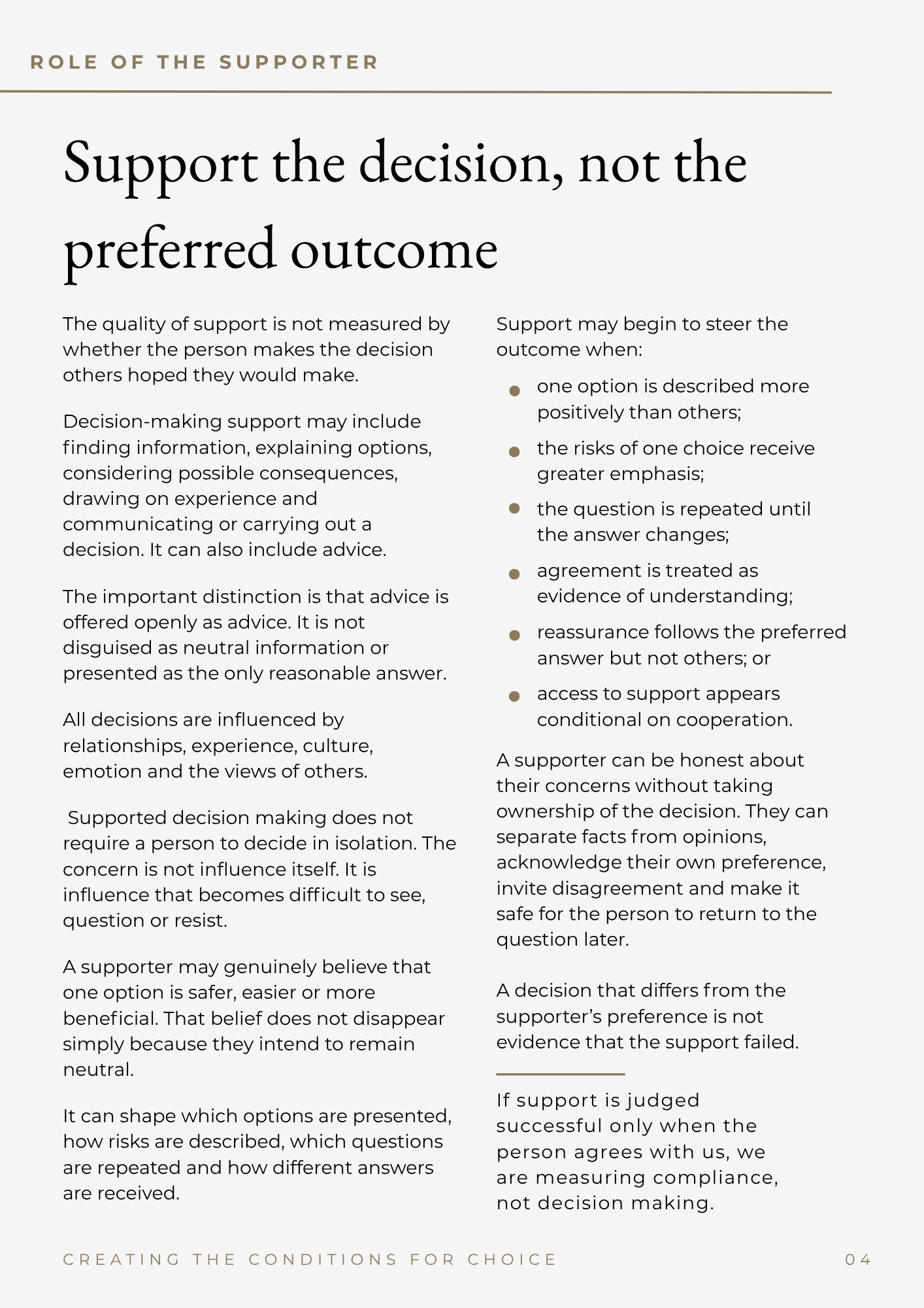 Sample workbook page about supporting the person’s decision rather than a preferred outcome.