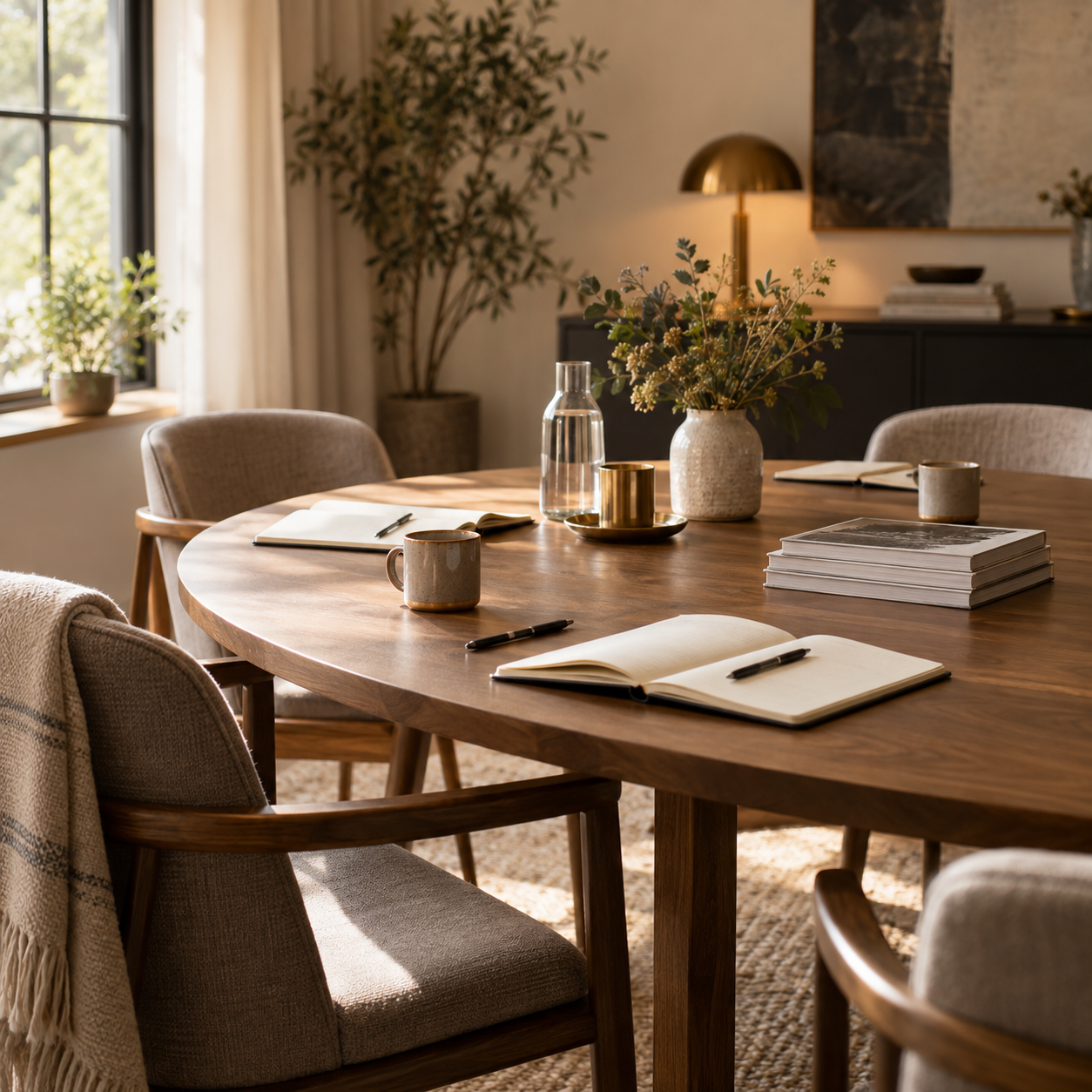 A warm workshop space prepared with notebooks around a shared table.