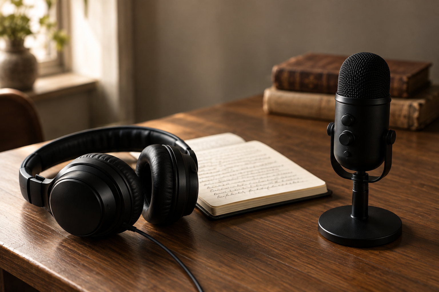 Headphones beside a microphone and notebook on a wooden desk.