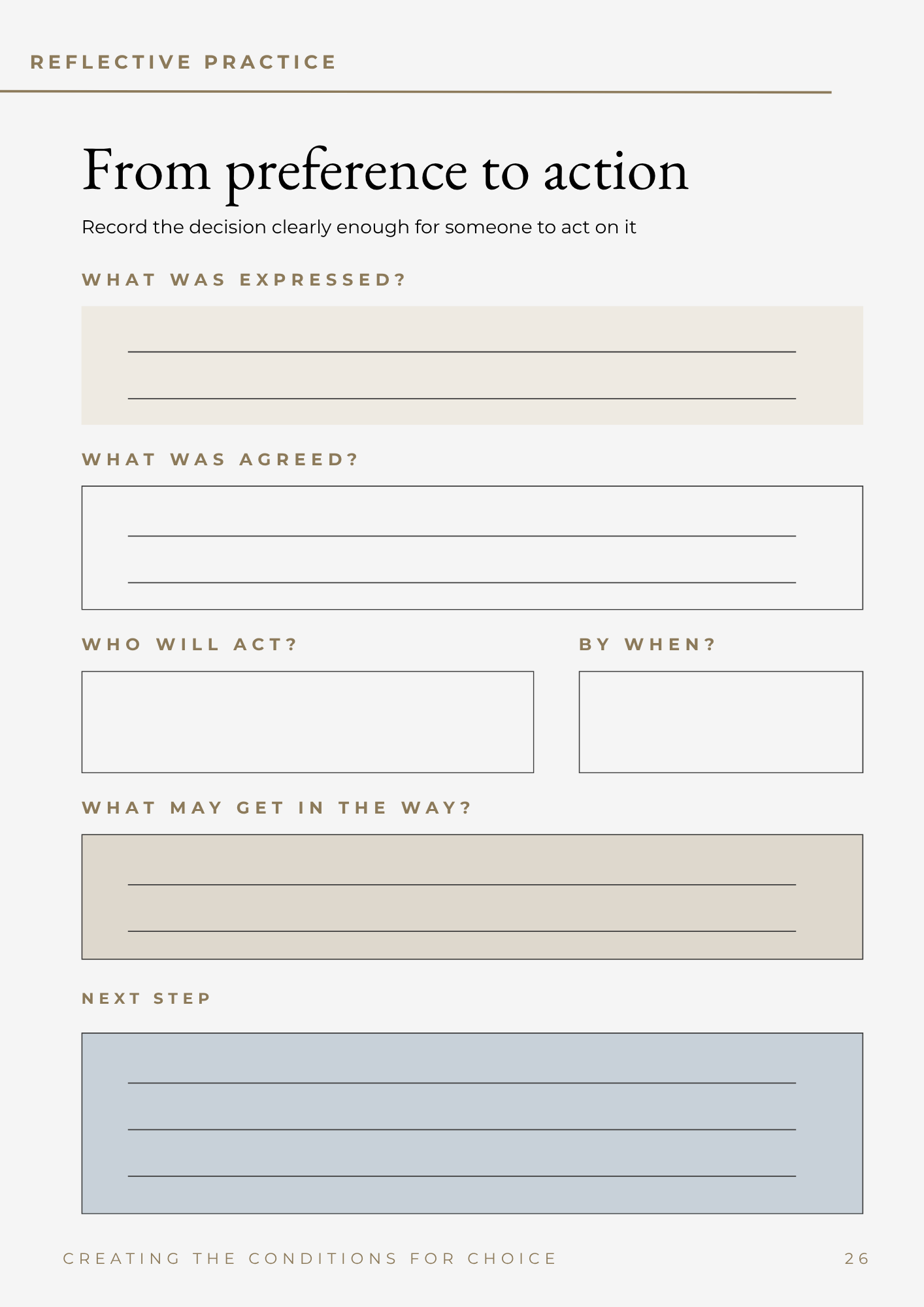 Sample reflective worksheet for turning a person’s preference into action.