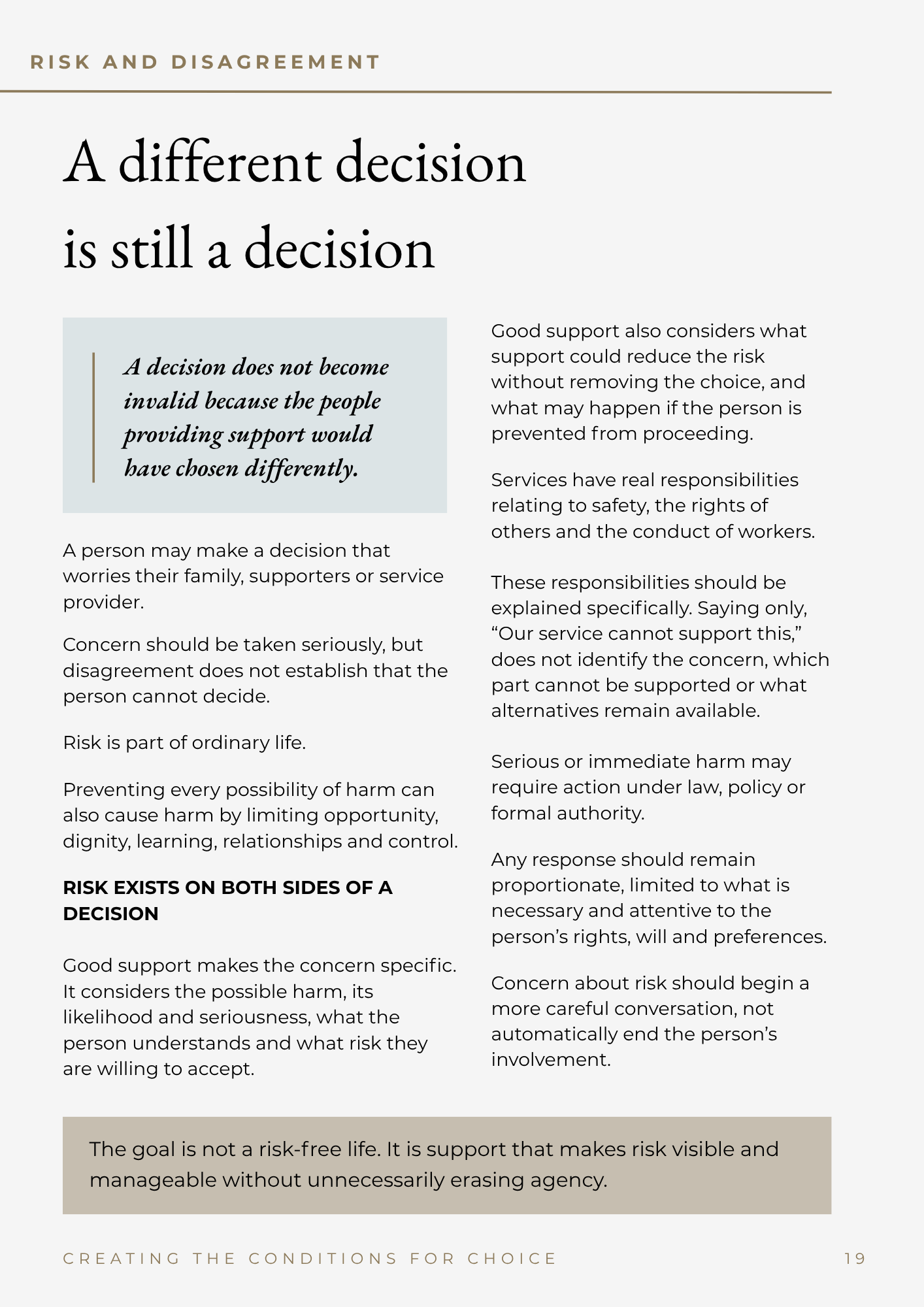 Sample workbook page about risk, disagreement and respecting a different decision.