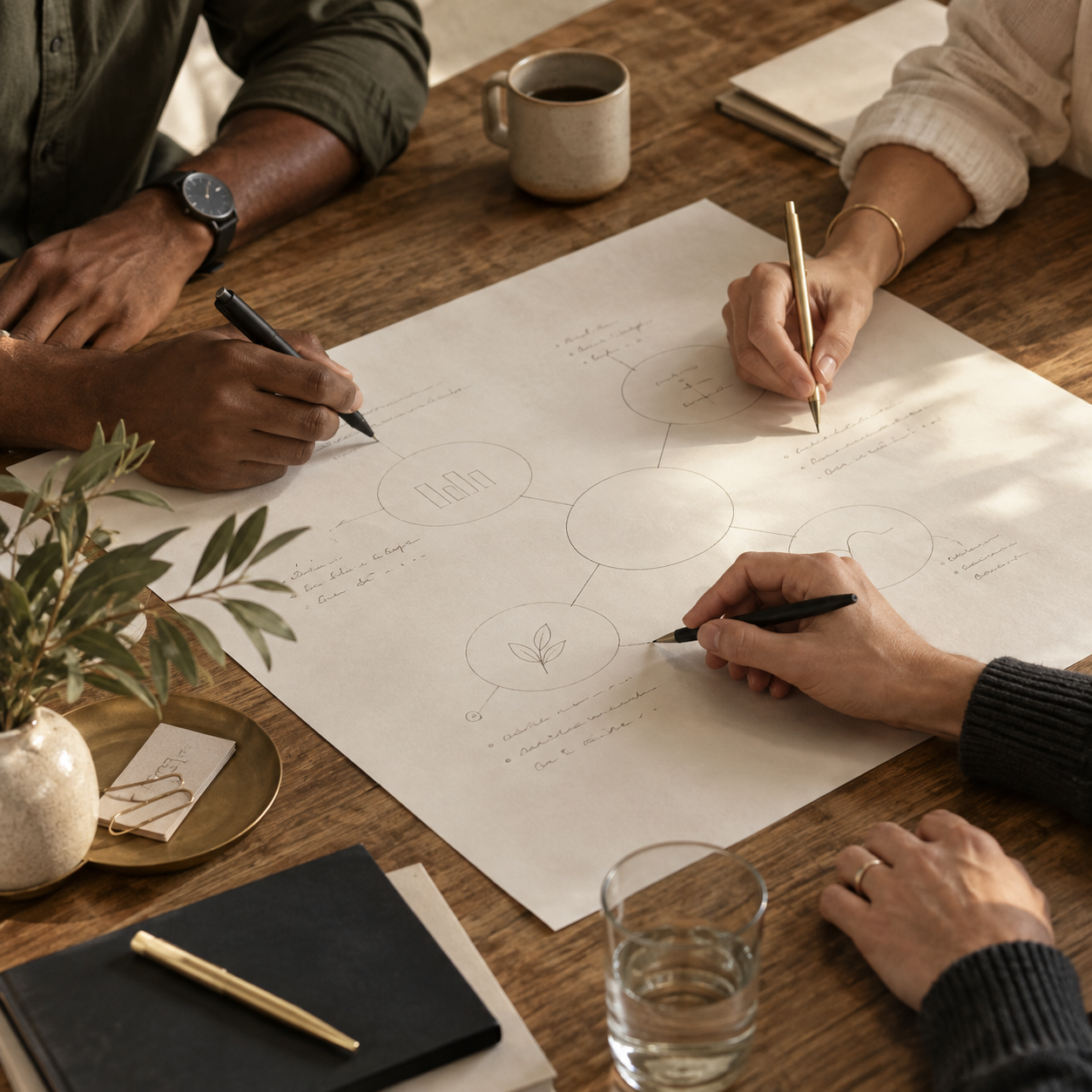 Several people developing ideas together on a shared sheet of paper.