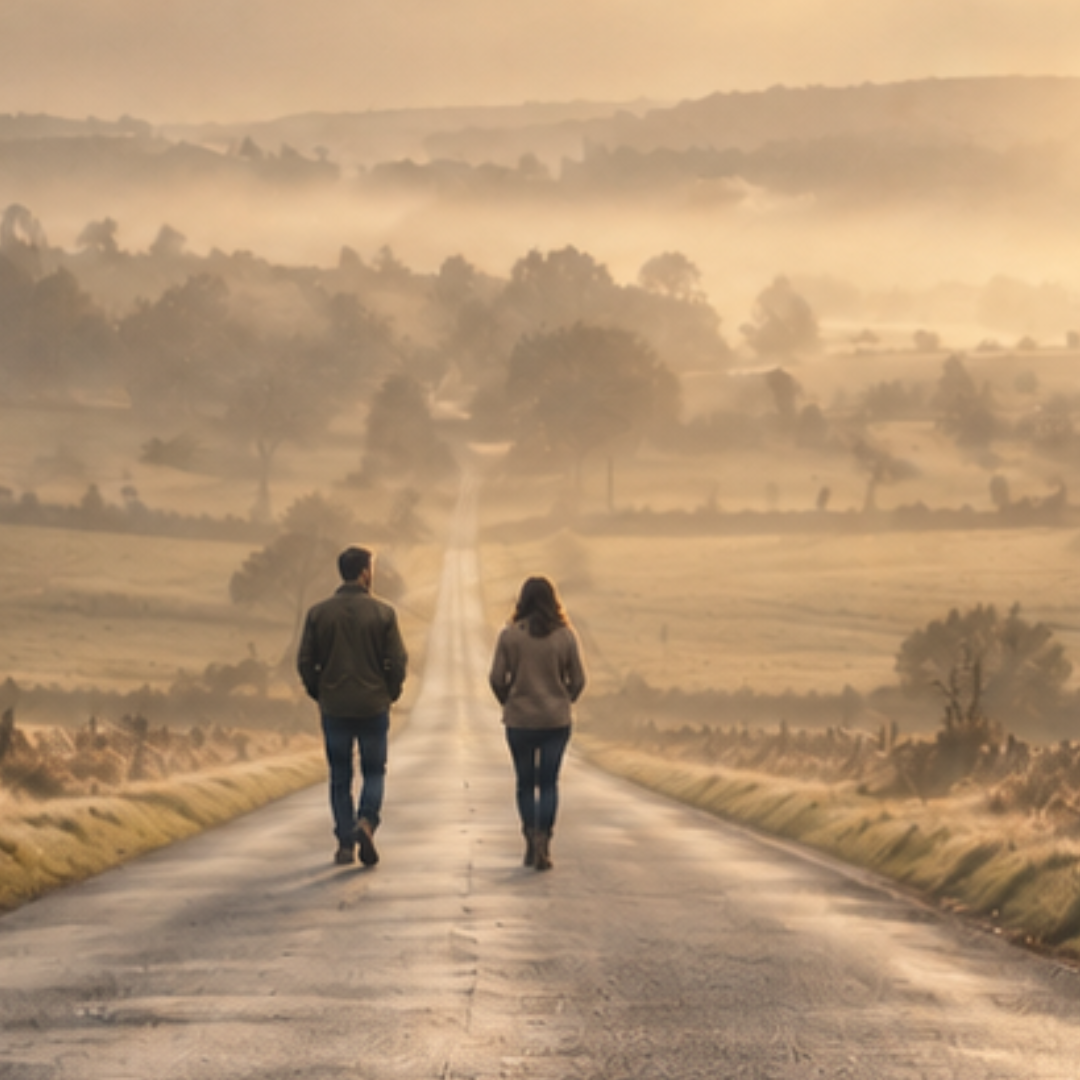 Two people walking side by side along a quiet country road through a misty landscape in warm morning light.